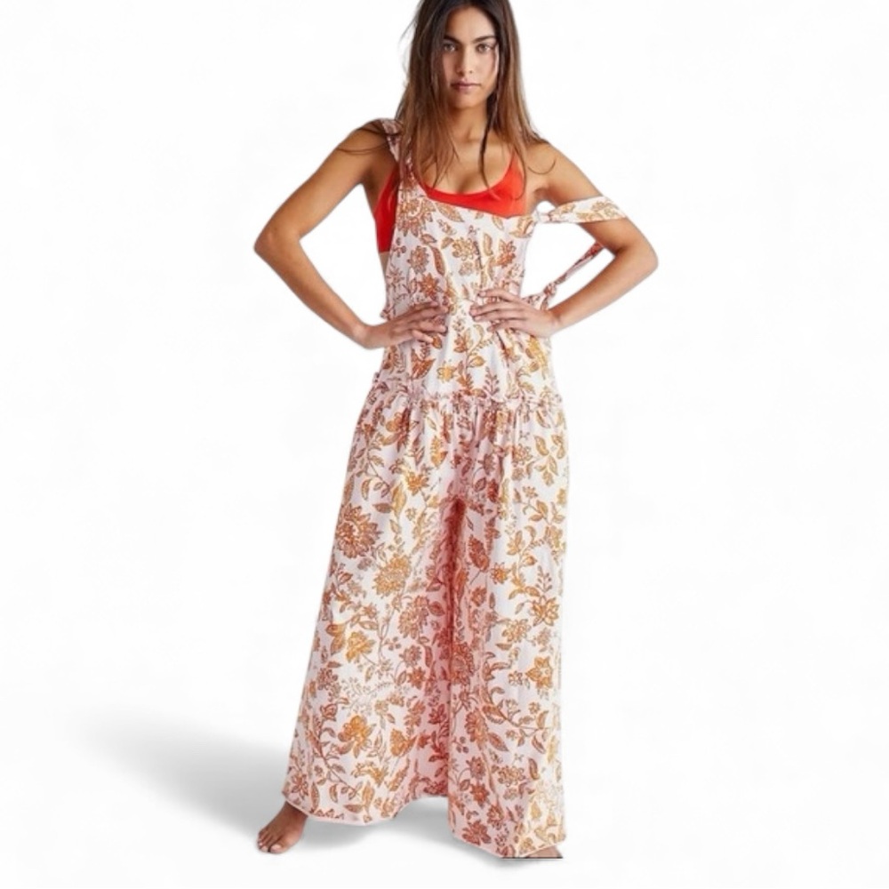 Free People Floral Tiered Wide-Leg Jumpsuit in White with Orange and Tan Print